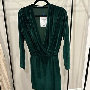 Zara Green Velvet like Long sleeve Dress